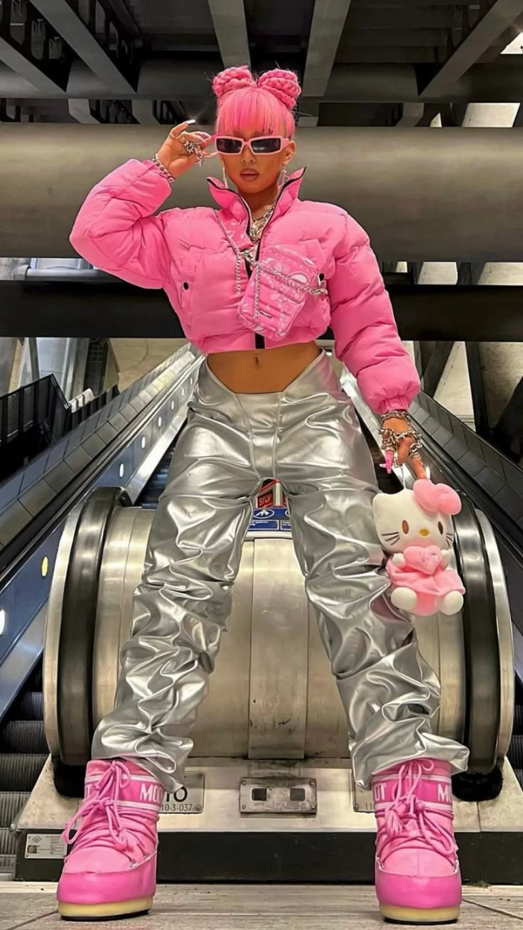 Futuristic Pink Puffer with Silver Pants